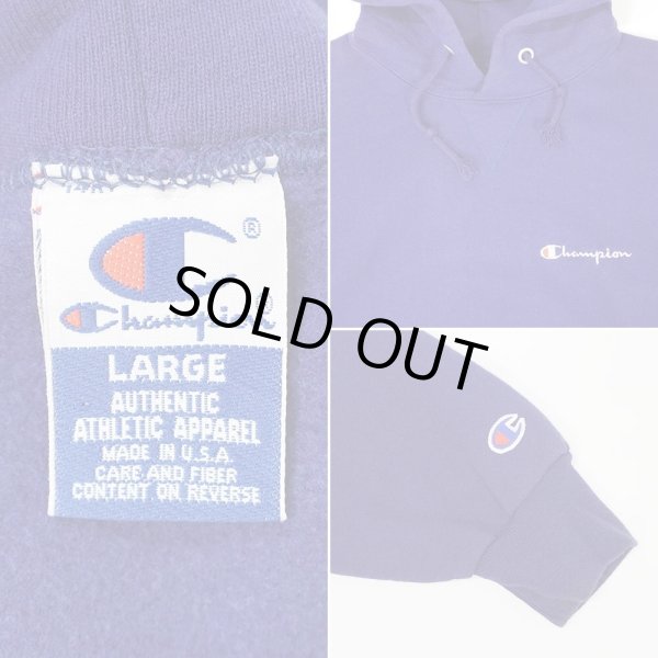 画像2: 90's Champion スクリプトロゴ刺繍 スウェットパーカー “NAVY / MADE IN USA” (2)