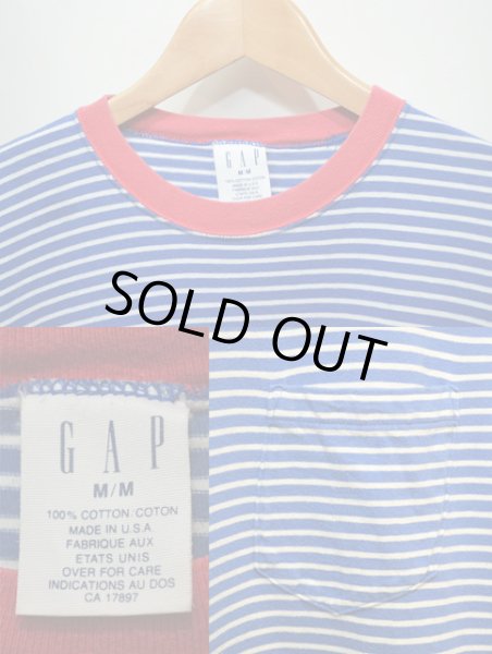 画像3: 90's GAP USA製 ボーダー柄ポケット付きTシャツ "青×白" (3)