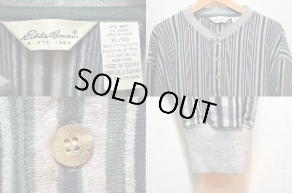 画像3: 90's Eddie Bauer マルチストライプ柄 L/S ヘンリーネックカットソー “GREEN” (3)