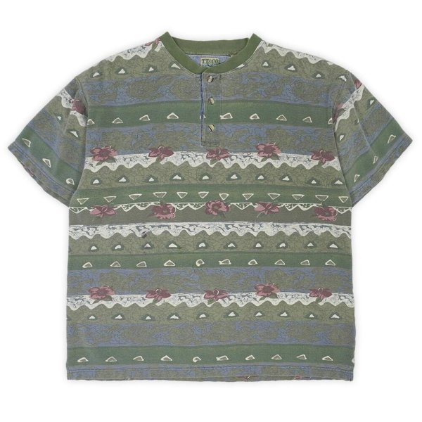 画像1: 90's TT&CO. SPORT ヘンリーネック 総柄コットンピケTシャツ (1)