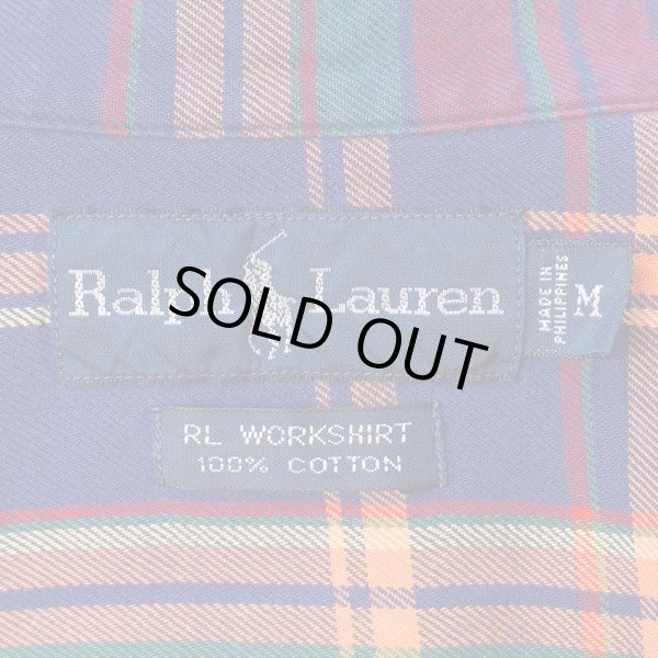 画像2: 90's Polo Ralph Lauren フランネル ボタンダウンシャツ "RL WORKSHIRT / Navy Plaid" (2)