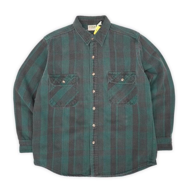 画像1: Late 90's FIVE BROTHER ヘビーネルシャツ "Fade Black×Green Plaid / USA COMPONENTS" (1)