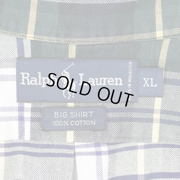 画像2: 90's Polo Ralph Lauren ボタンダウンシャツ "BIG SHIRT / NAVY × GREEN Plaid" (2)