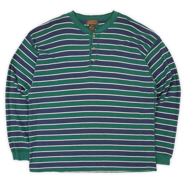 画像1: 90's Eddie Bauer マルチボーダー柄 ヘンリーネックカットソー "MADE IN USA / 黒タグ" (1)