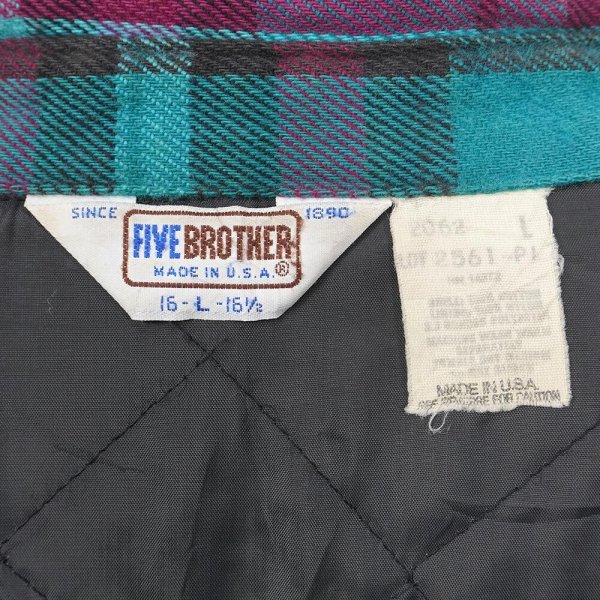 画像2: 80's FIVE BROTHER キルティングライナー ヘビーネルシャツ "MADE IN USA / Turquoise Plaid" (2)