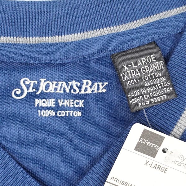 画像2: 00's ST JOHN'S BAY Vネック コットンピケTシャツ "Navy / DEADSTOCK" (2)