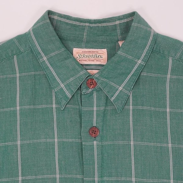 画像3: 90's ST JOHN'S BAY S/S コットンリネン レギュラーカラーシャツ "Blue Green Plaid" (3)