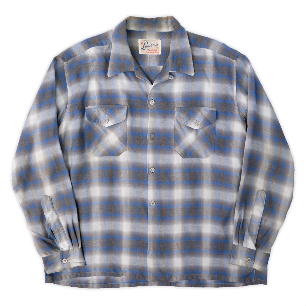 60's Lanerossi オンブレチェック柄 オープンカラーウールシャツ "sizeXL"
