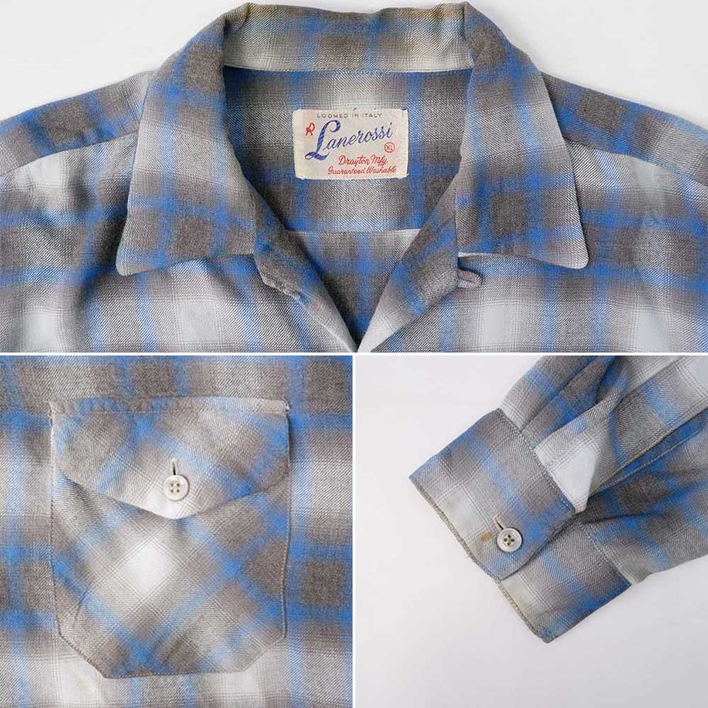60's Lanerossi オンブレチェック柄 オープンカラーウールシャツ 
